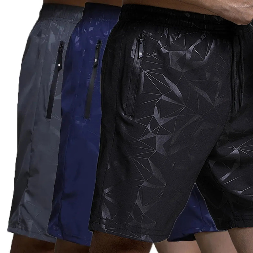 Men's loose fit sports shorts with printed patterns in polyester fabric available in black grey blue colours