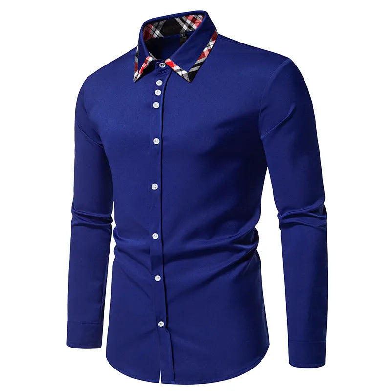 Men's blue plaid long sleeve shirt with a triangle collar on a hanger.
