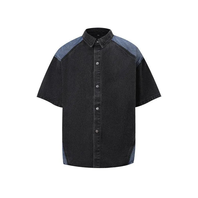 Retro washed blue denim short-sleeve jacket and matching trousers suit set on a hanger