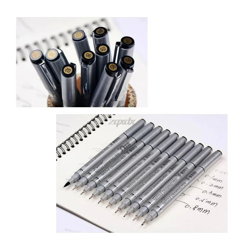 10-piece micron needle drawing pen set with black waterproof pigment ink and tip sizes 005 to 20