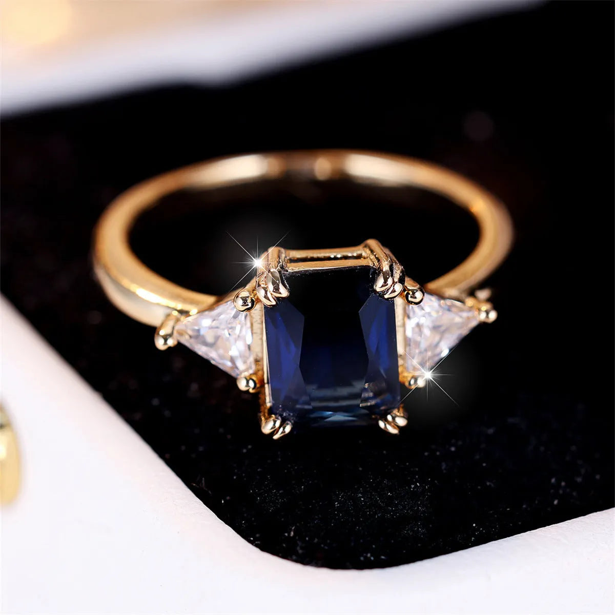 Rectangular gold sapphire blue copper ring for women with geometric design