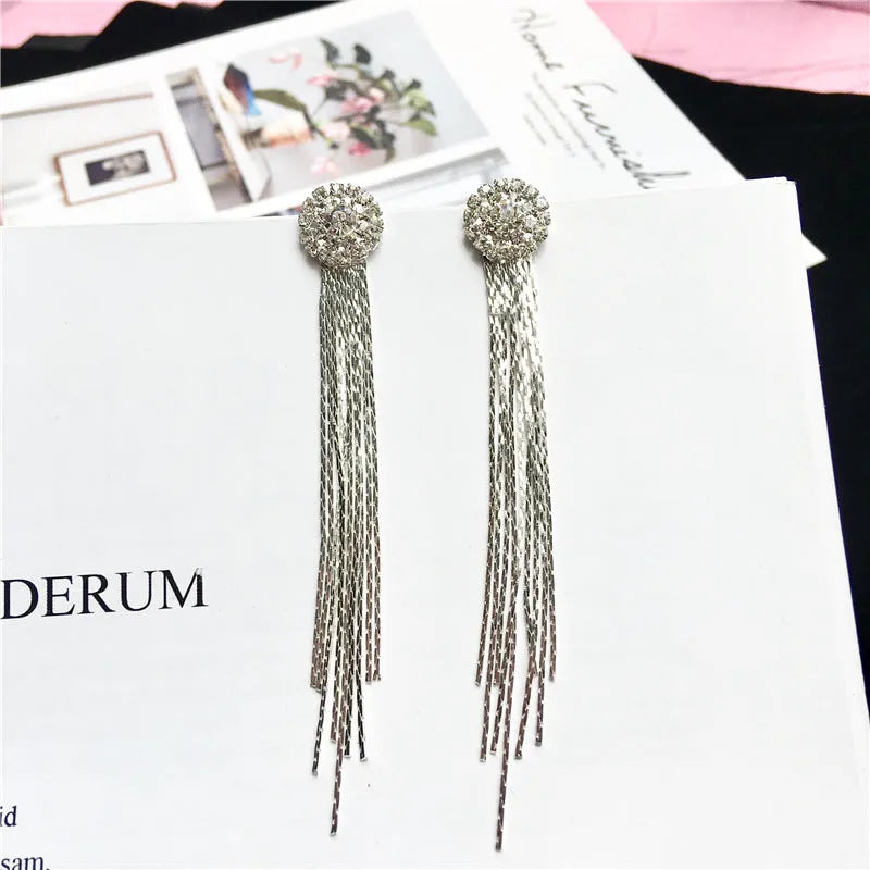 Silver crystal tassel earrings for women with plated metal and Korean-style drop design