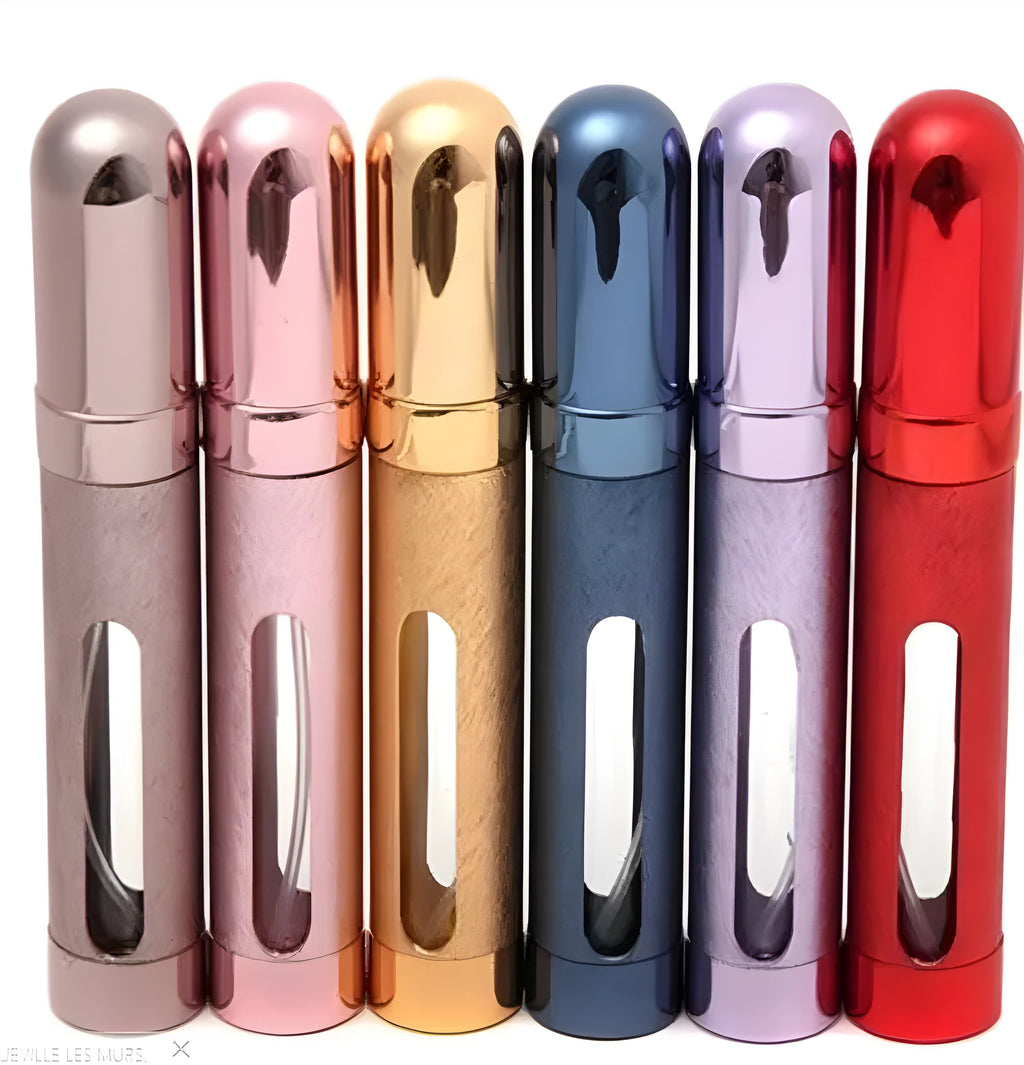 Slim 12ml aluminium travel perfume bottle with glass liner in blue, gold, pink, red, silver, and violet colours.