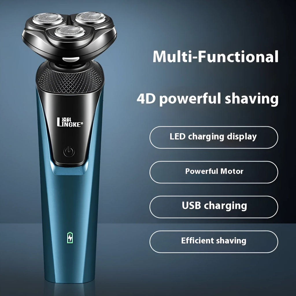 Blue and grey men's electric shaver three-in-one set with USB charging cable on white background