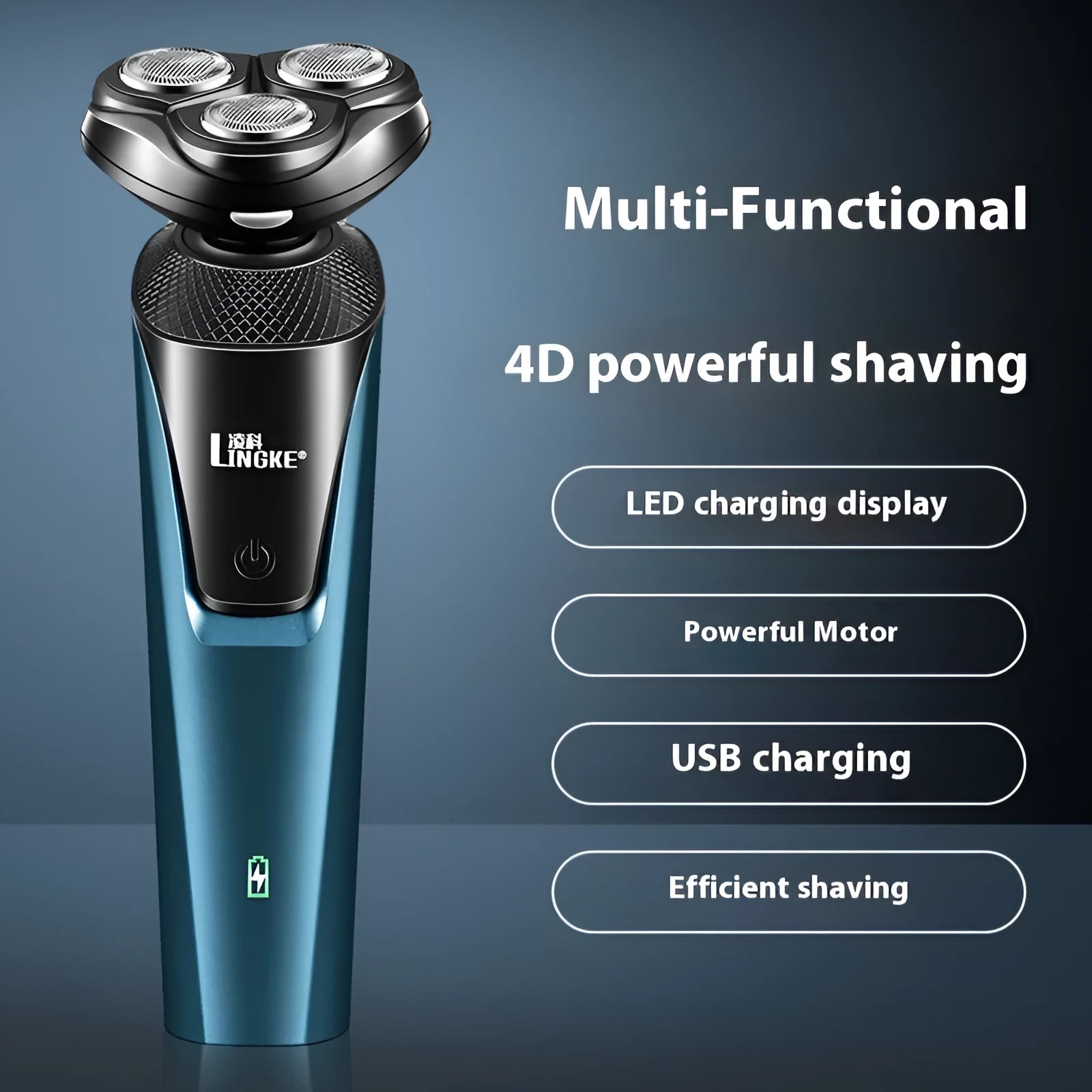 Blue and grey men's electric shaver three-in-one set with USB charging cable on white background