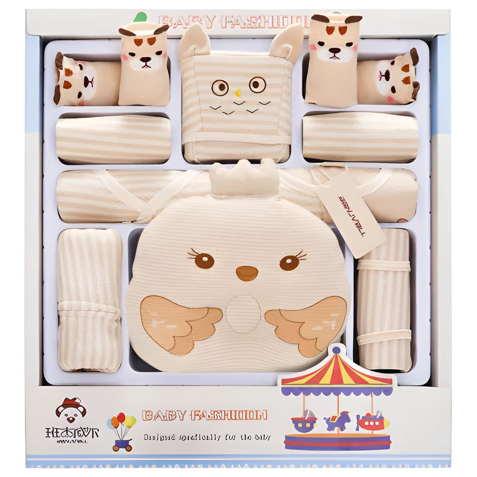 Beige 100% cotton baby cardigan suit set with cartoon animal prints for newborns 0-1 year