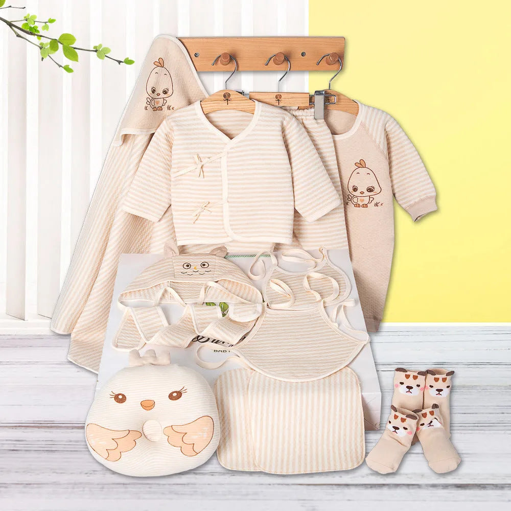 Beige 100% cotton baby cardigan suit set with cartoon animal prints for newborns 0-1 year