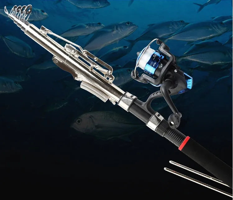 Automatic sea pole fishing rod set with spring mechanism, available in 2.1, 2.4, 2.7 lengths and 3000, 4000, 5000 reels.