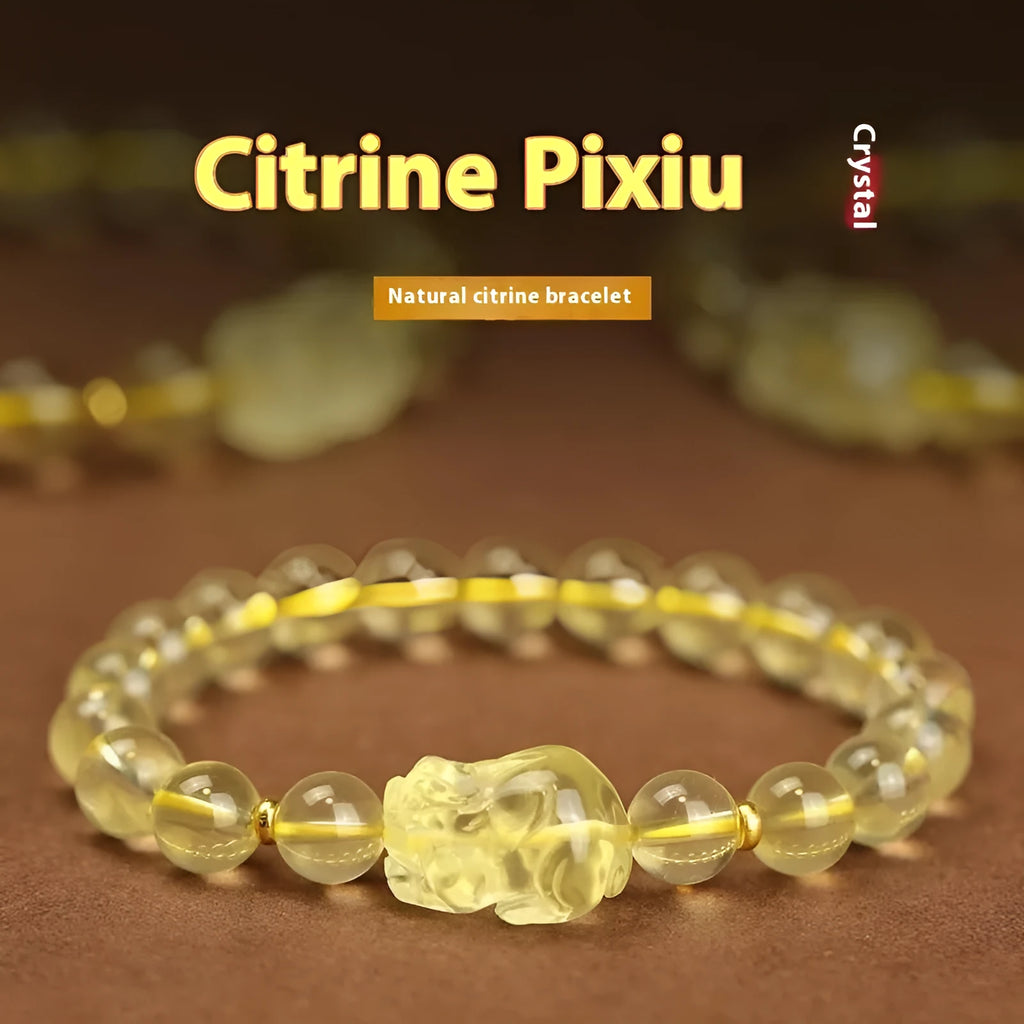 Yellow leather Pi Xiu bracelet with artificial crystal beads in Chinese simple style