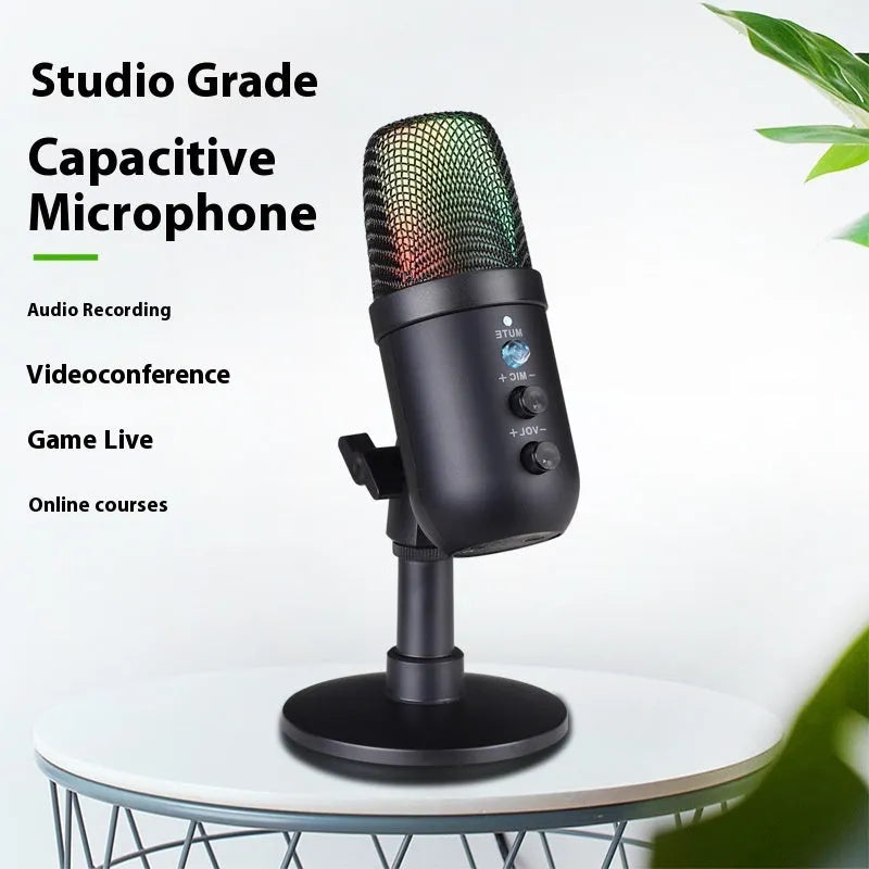 Black USB microphone with RGB lighting ring for computer and mobile streaming