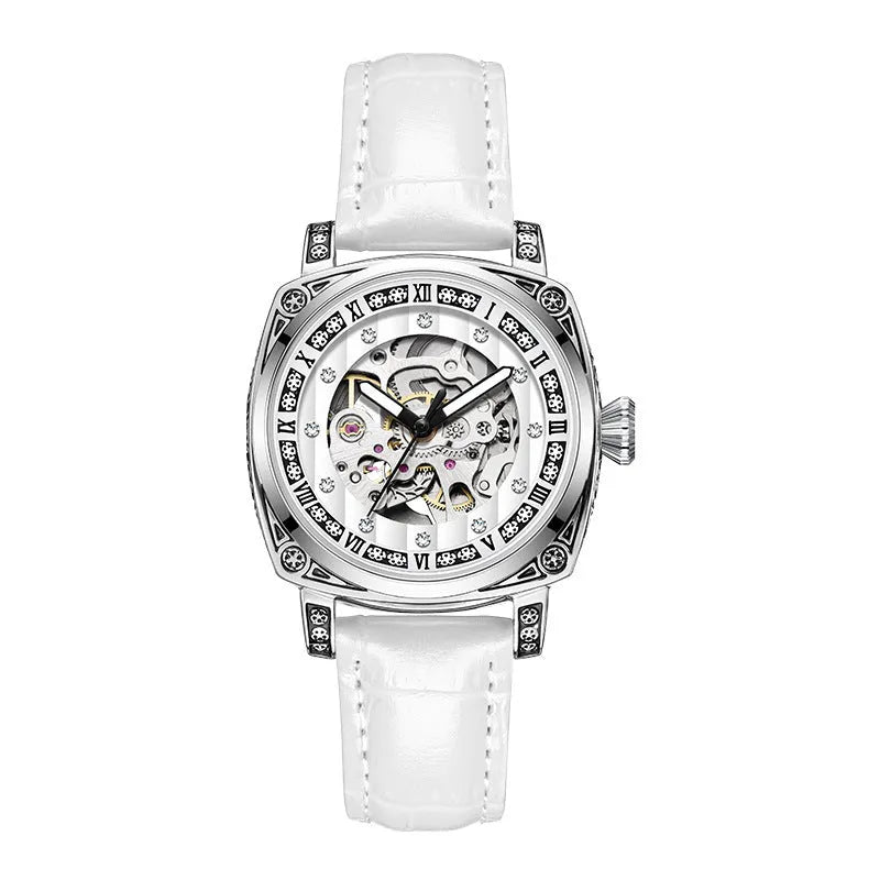 Mechanical watch with leather strap and luminous hands on a dial, shown in multiple colour options.
