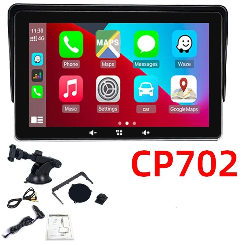 7-inch universal car wireless CarPlay display with suction cup mount on a windscreen.