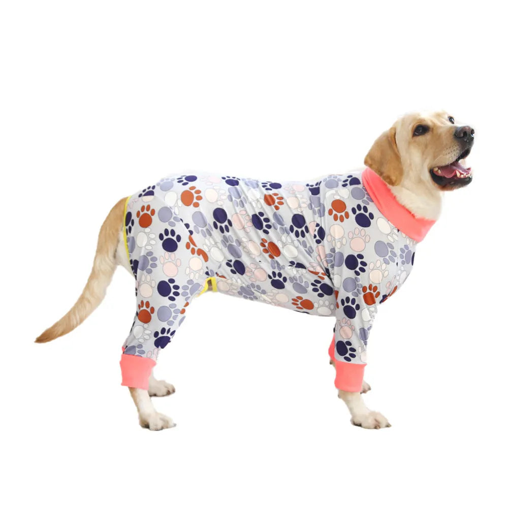 Cotton dog jumpsuit pet clothing in a printed pattern, shown in one of 42 available colours, sized for a small to medium dog.