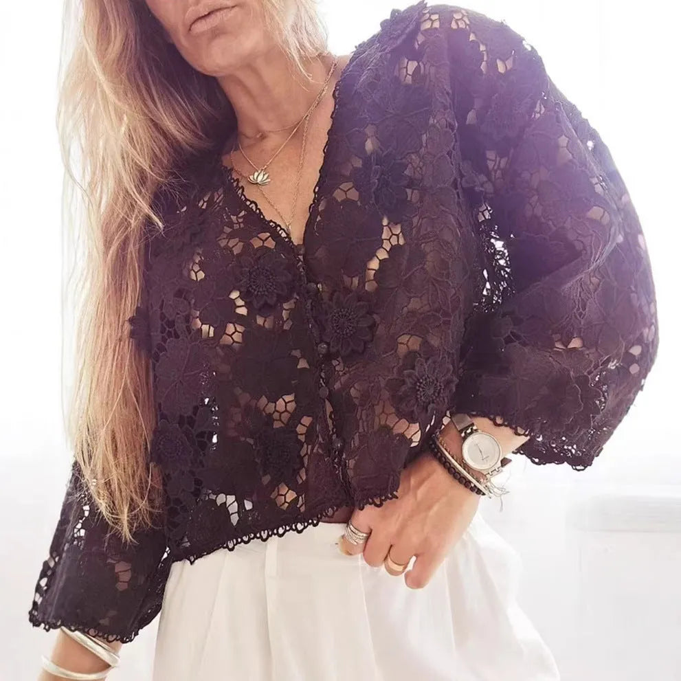 White lace V-neck cardigan with three-dimensional floral decoration and long sleeves