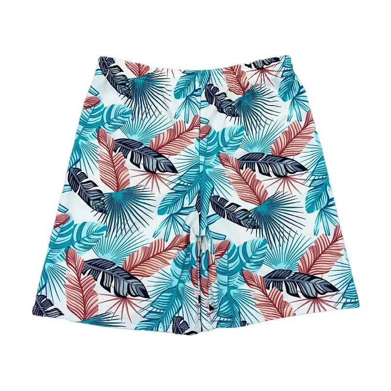 Men's blue leaf pattern cropped swimming trunks with polyester spandex fabric