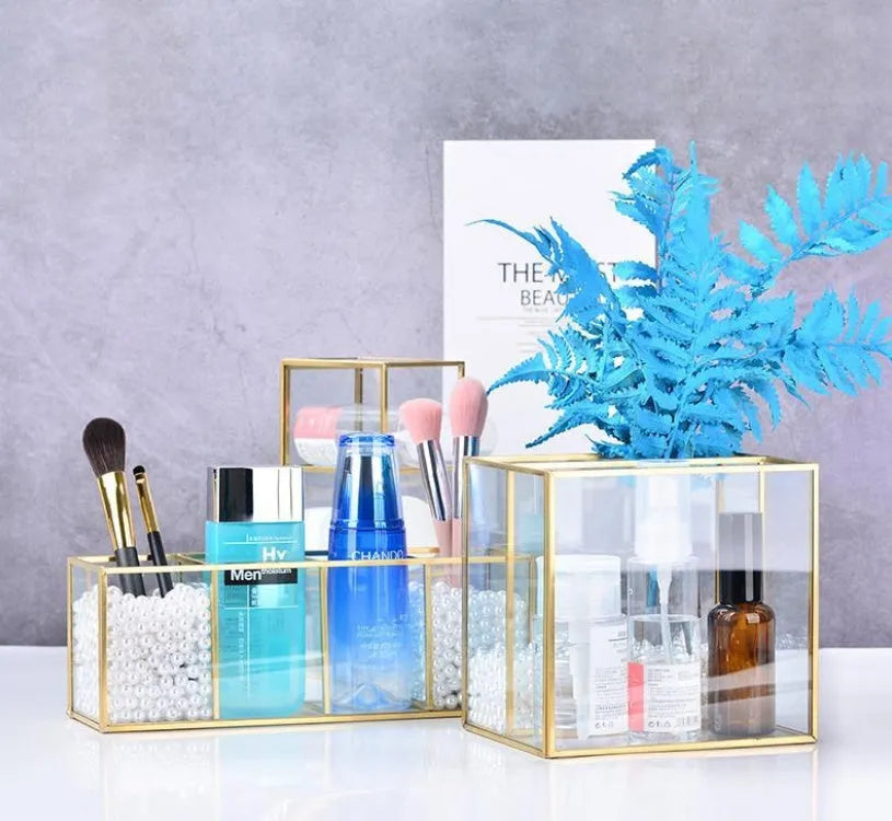 Glass and brass cosmetic storage box, Nordic style, shown as a four box, three box or two box set