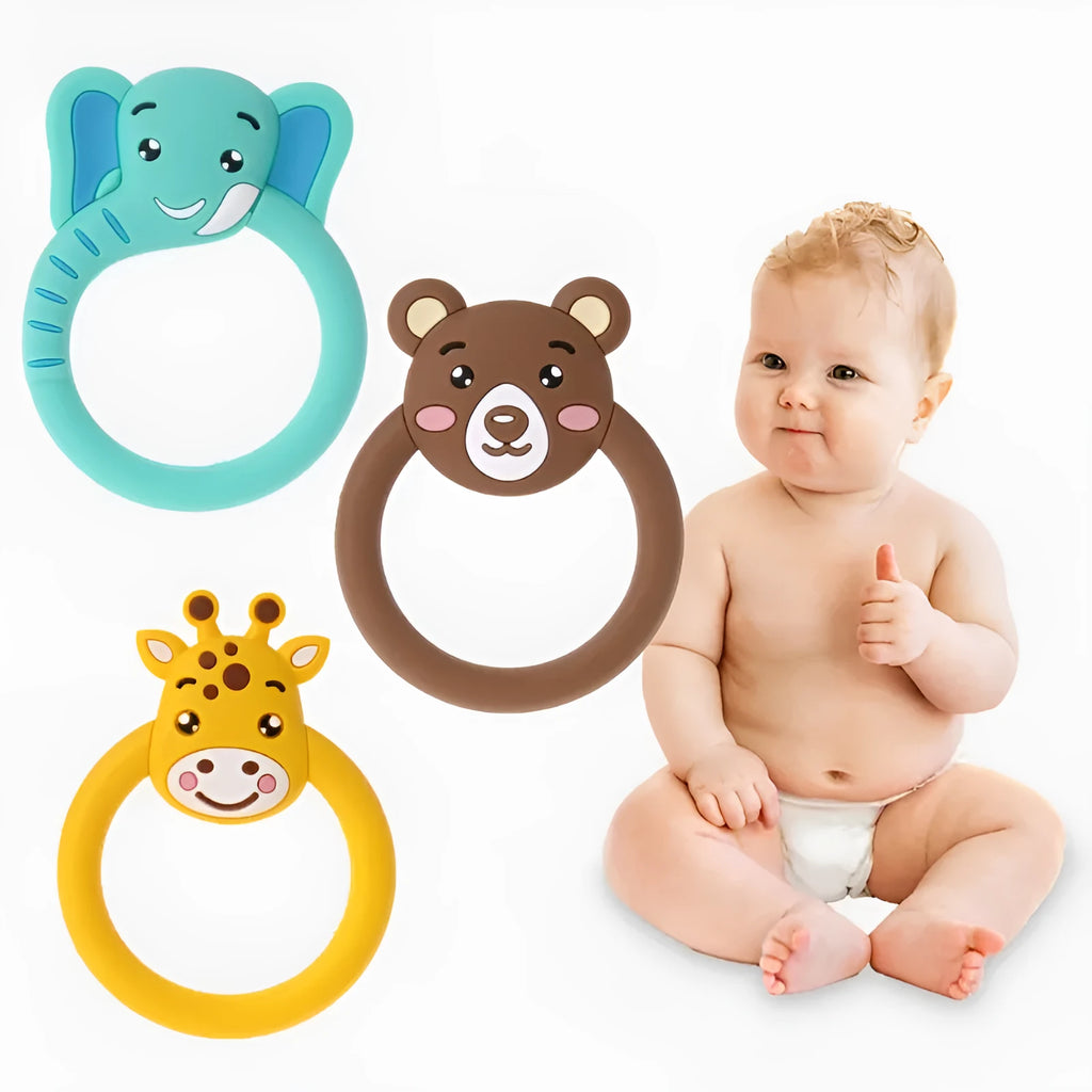 Three silicone baby molar teethers in brown, blue, and yellow on a light background
