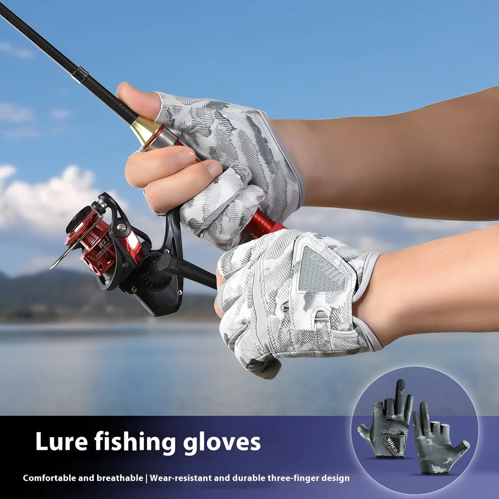 Exposed three-finger polyester fishing gloves in black or grey, sizes M and L, with non-slip function