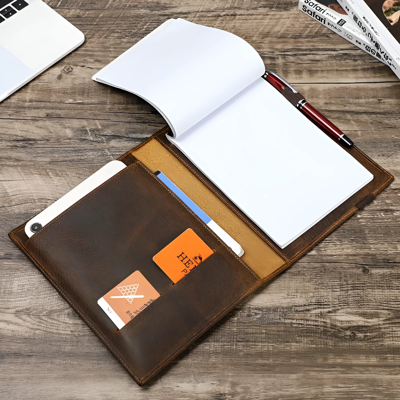Brown Crazy Horse leather A5 notebook protective sleeve with square socket opening