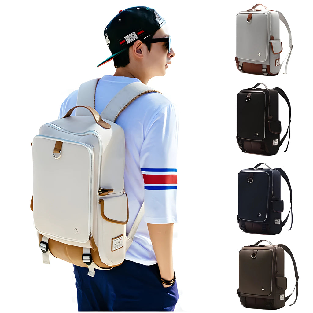 Modern men's large backpack in Oxford cloth, shown in army green colour, with dimensions 30cm by 16cm by 46cm.