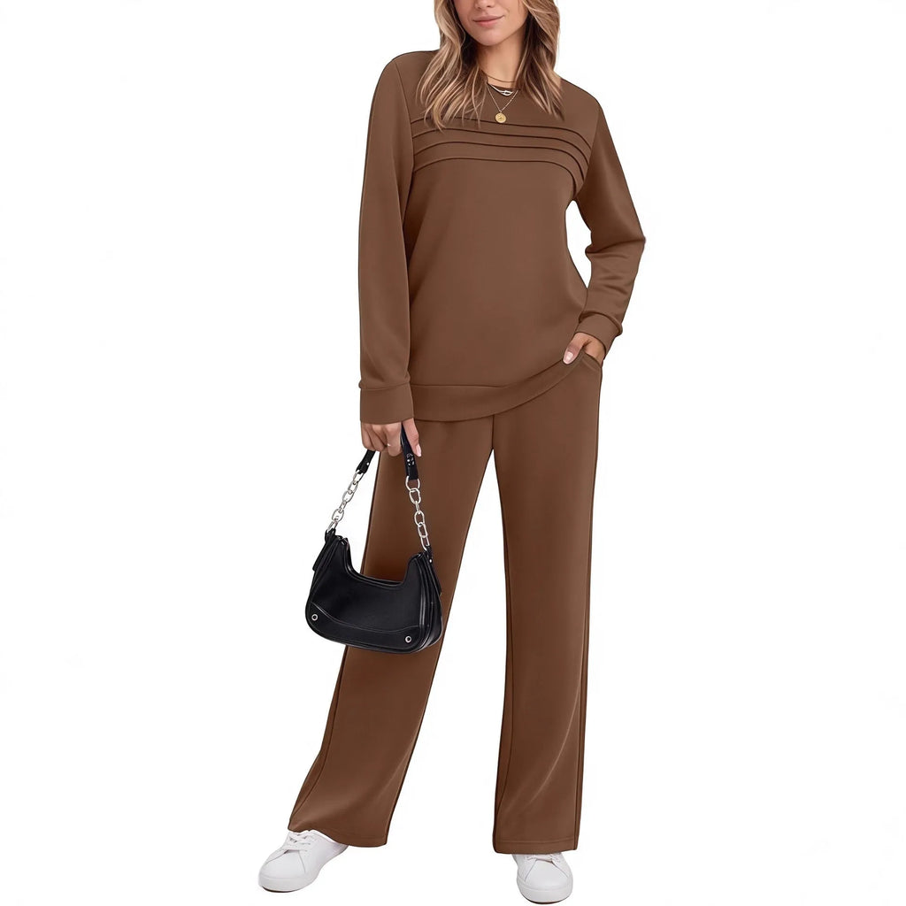 Casual women's long sleeve drawstring solid colour commute suit set in solid colour, polyester fabric, five colour options.