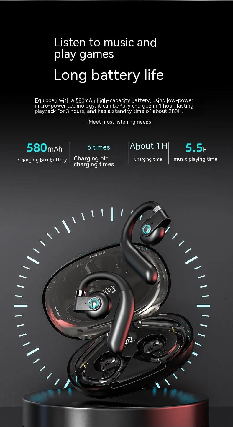 Black ear-mounted non-in-ear Bluetooth headset with charging case and cable