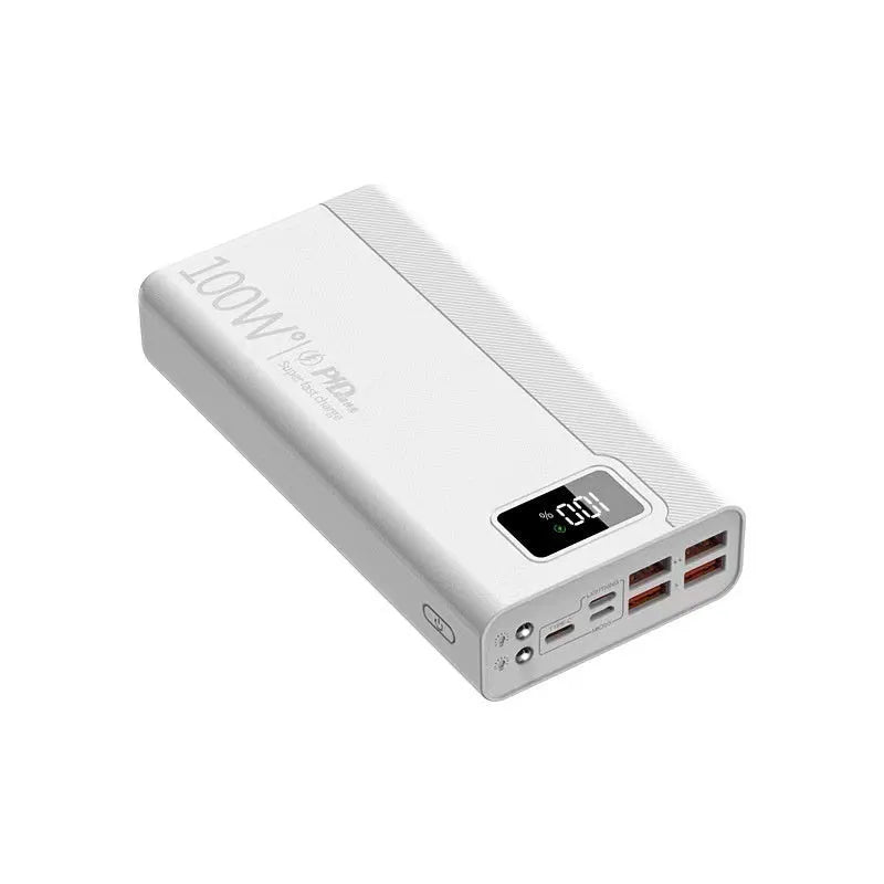 Black and white large capacity power bank showing front view with dimensions 150mm by 76mm
