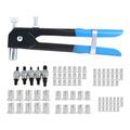 Alloy steel manual riveter nut gun tool kit with a set of interchangeable mandrels on a workbench.