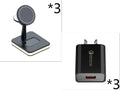 Three-in-one magnetic wireless charger with black finish, showing phone on bracket and watch on stand