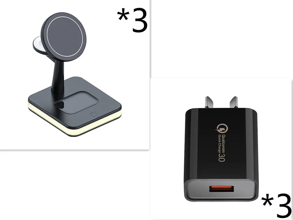 Three-in-one magnetic wireless charger with black finish, showing phone on bracket and watch on stand