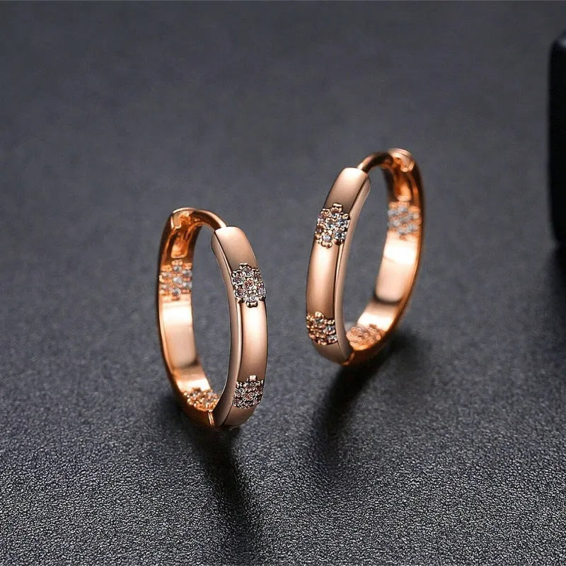 Women's geometric copper earrings with inlaid faux diamond pattern in gold, silver, and rose gold colour options