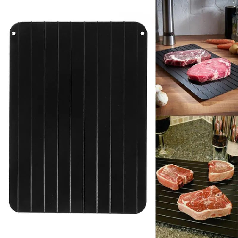 Black aluminium quick defrosting tray for thawing frozen meat and food without electricity.