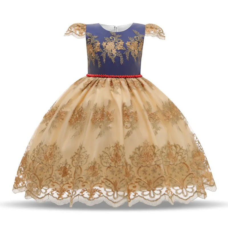 Girls puffy princess dress with lace and bow in blue or yellow, cotton blend, sizes 100-150cm