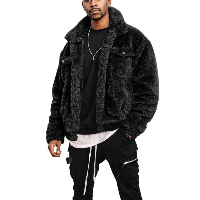Men's black polyester jacket with long sleeves and loose fit, plain spring casual wear