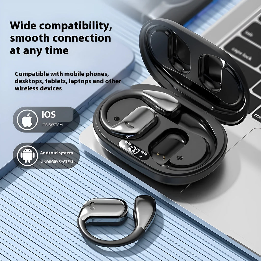 Noise reduction sports ear hook headphones in black or skin colour with Type-C charging and 15 metre range.