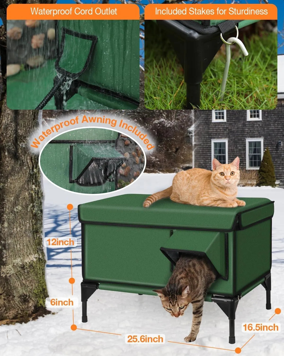 Green outdoor heated insulated foldable cat house made of 900D PVC with charger, available in S M L sizes