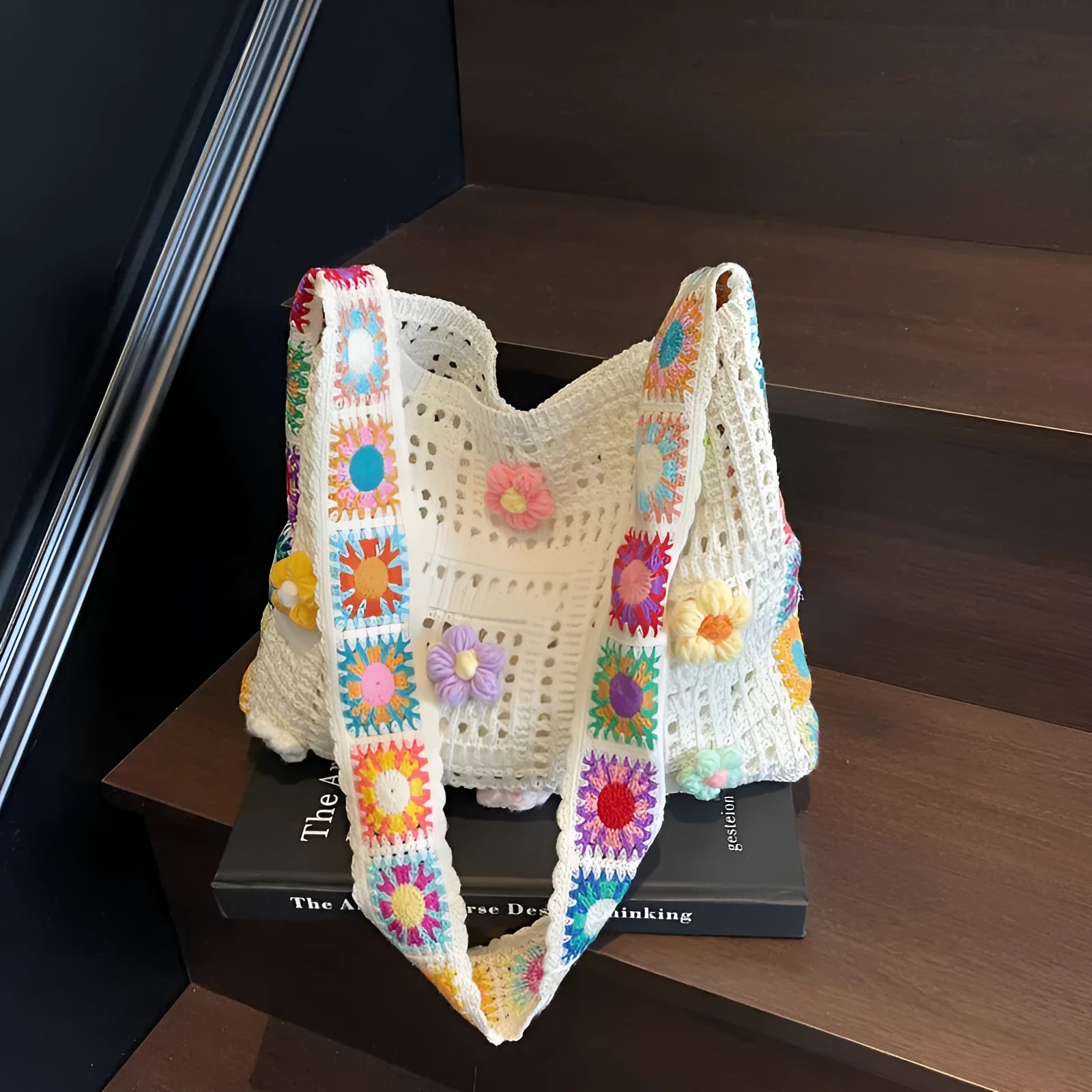 Casual woven hollow knit beach shoulder bag in polyester with large 30cm width capacity