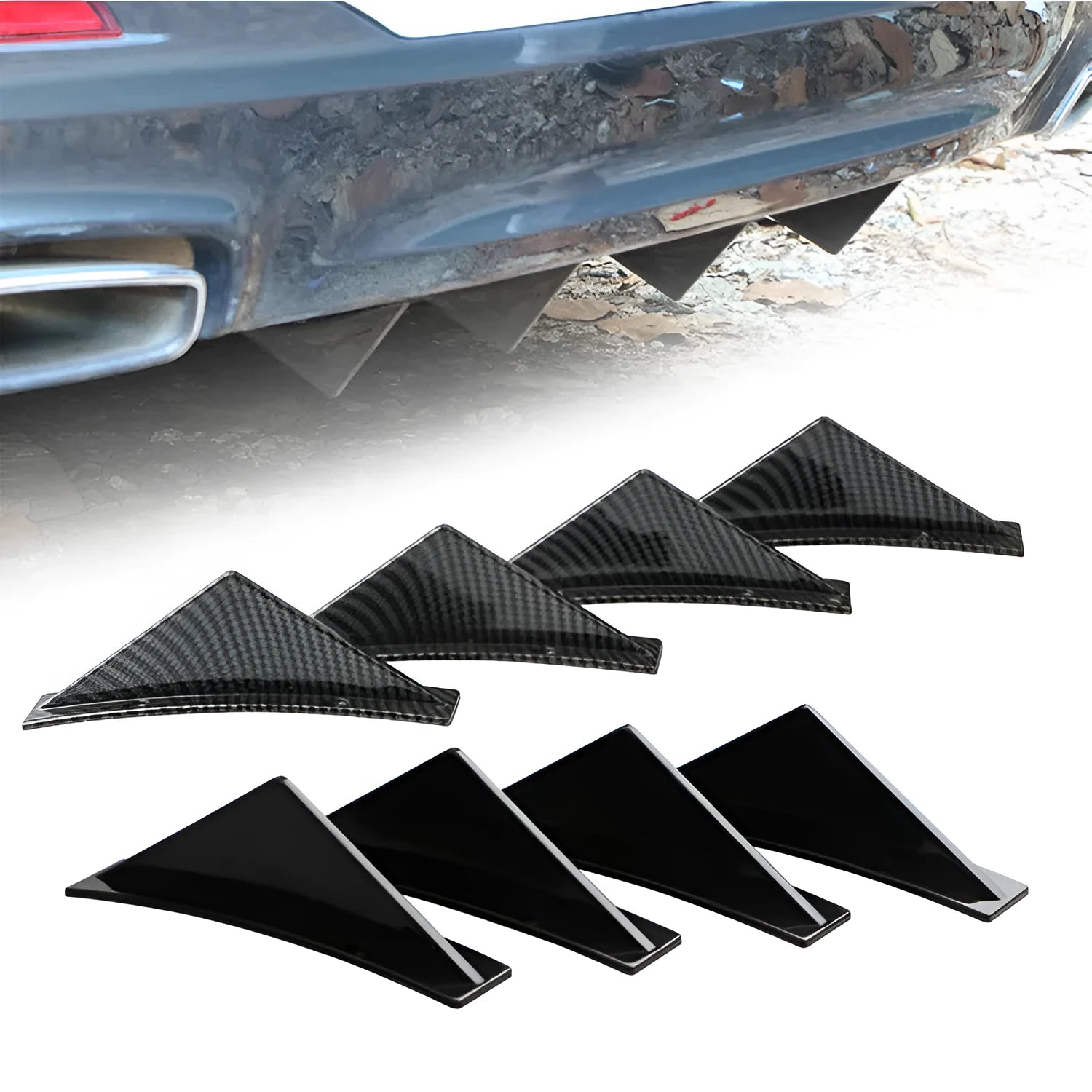 Four triangle car spoilers in bright black or carbon fibre finish, 150mm length