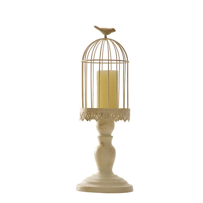 Strongwell iron candle holder cube stand with birdcage design, large 37cm, on a table