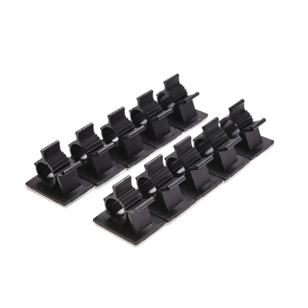 Black nylon adhesive cable clamps in a pack of 10 for securing wires up to 13mm thick.