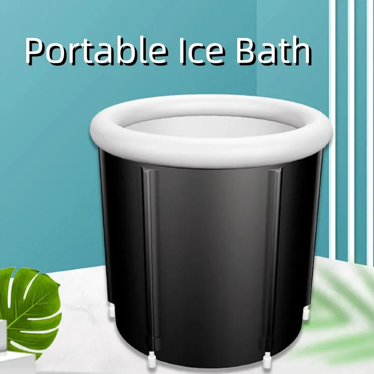 Black inflatable portable ice bath tub with insulation, shown with weather lid and pump.