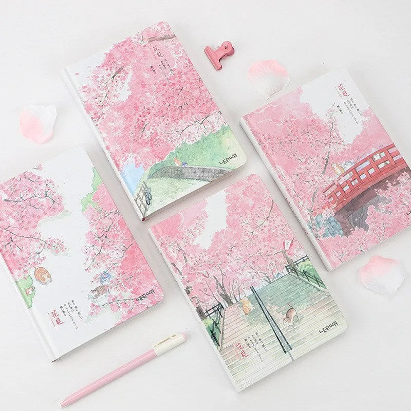 Notebook with paper cover and thread binding, 240 blank pages, 14cm x 21cm, shown open with smooth writing possible