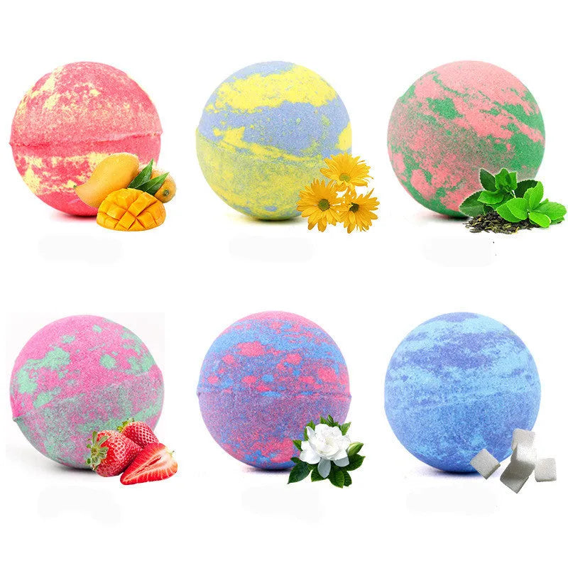 Set of six 60g mixed colour bath salt balls with essential oils and shea butter on a white background