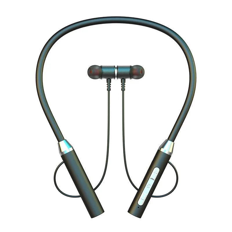 Wireless Bluetooth neck-mounted stereo headset in black with ear cups and neckband