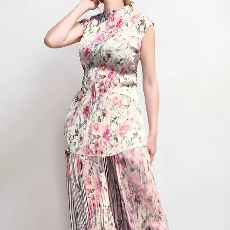 Long sleeve printed chiffon dress and matching top co-ordinate set in picture colour