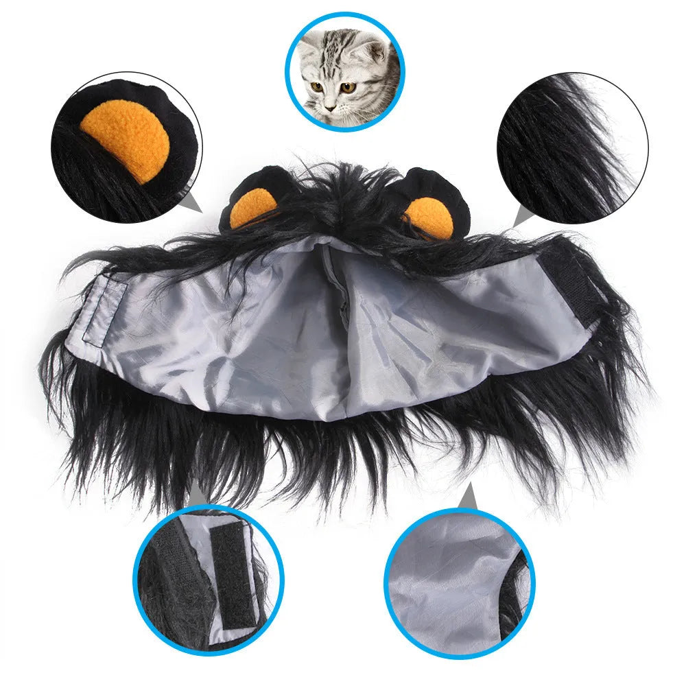Black lion mane headgear for pet cat with adjustable elastic band