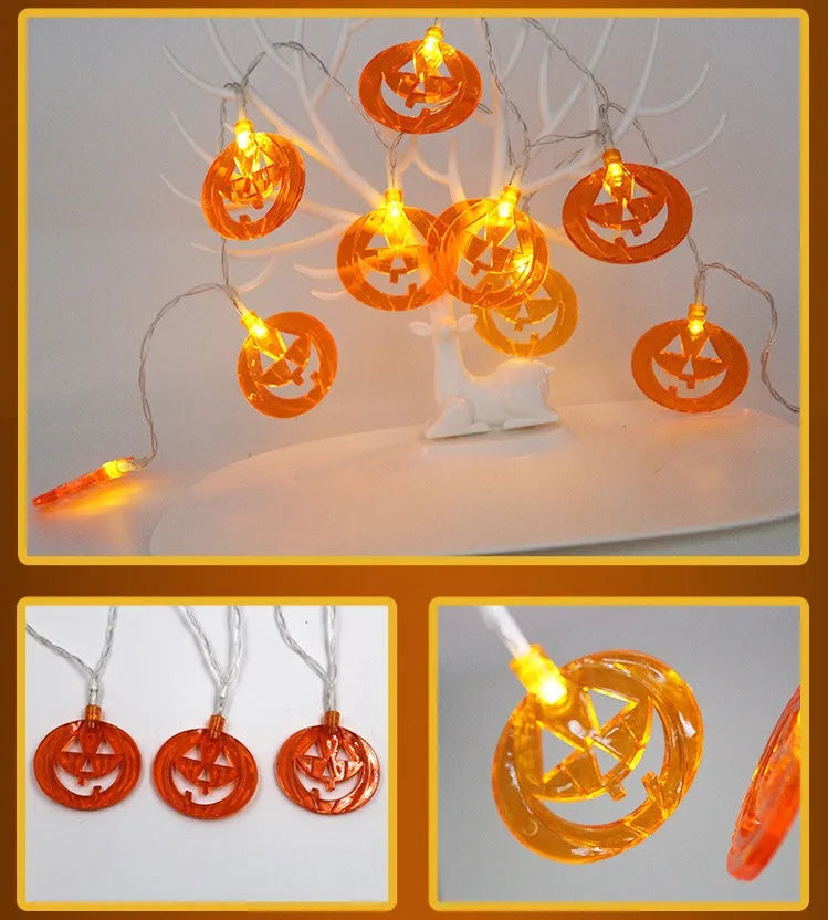 Halloween battery LED string lights with pumpkin, bat, and ghost pendants on a 1.2m waterproof string.
