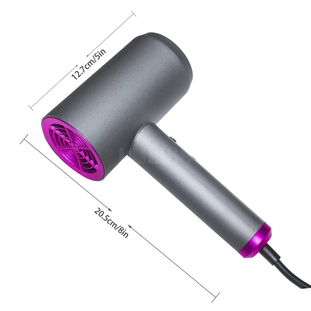 Grey household hair dryer with brushed motor, three speed gears, and air collector attachment on a white background