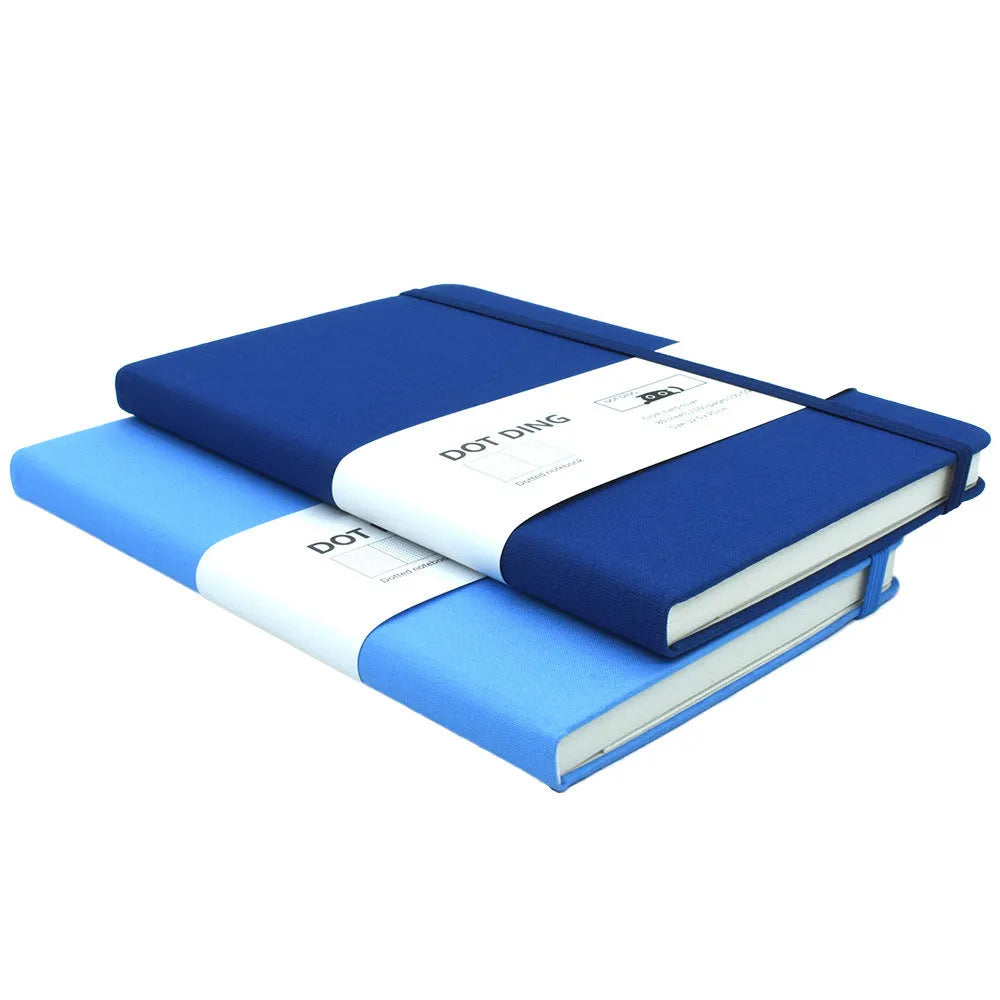 A5 point grid bullet journal with fabric hard cover in five colours including red, blue, orange, denim blue, and gray