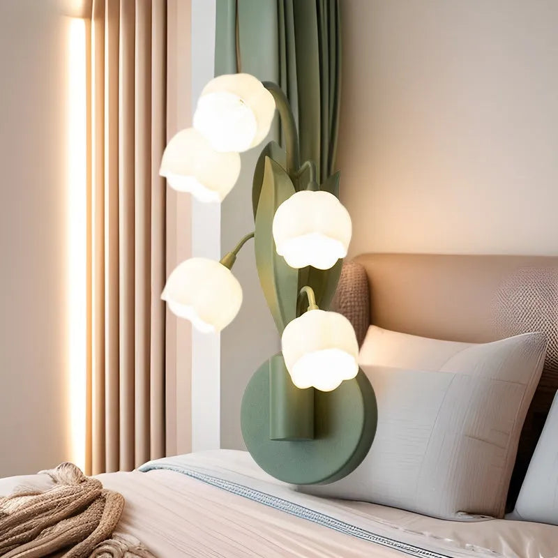 French pastoral wall-mounted bedside lamp with green tricolour LED light and white PC shade
